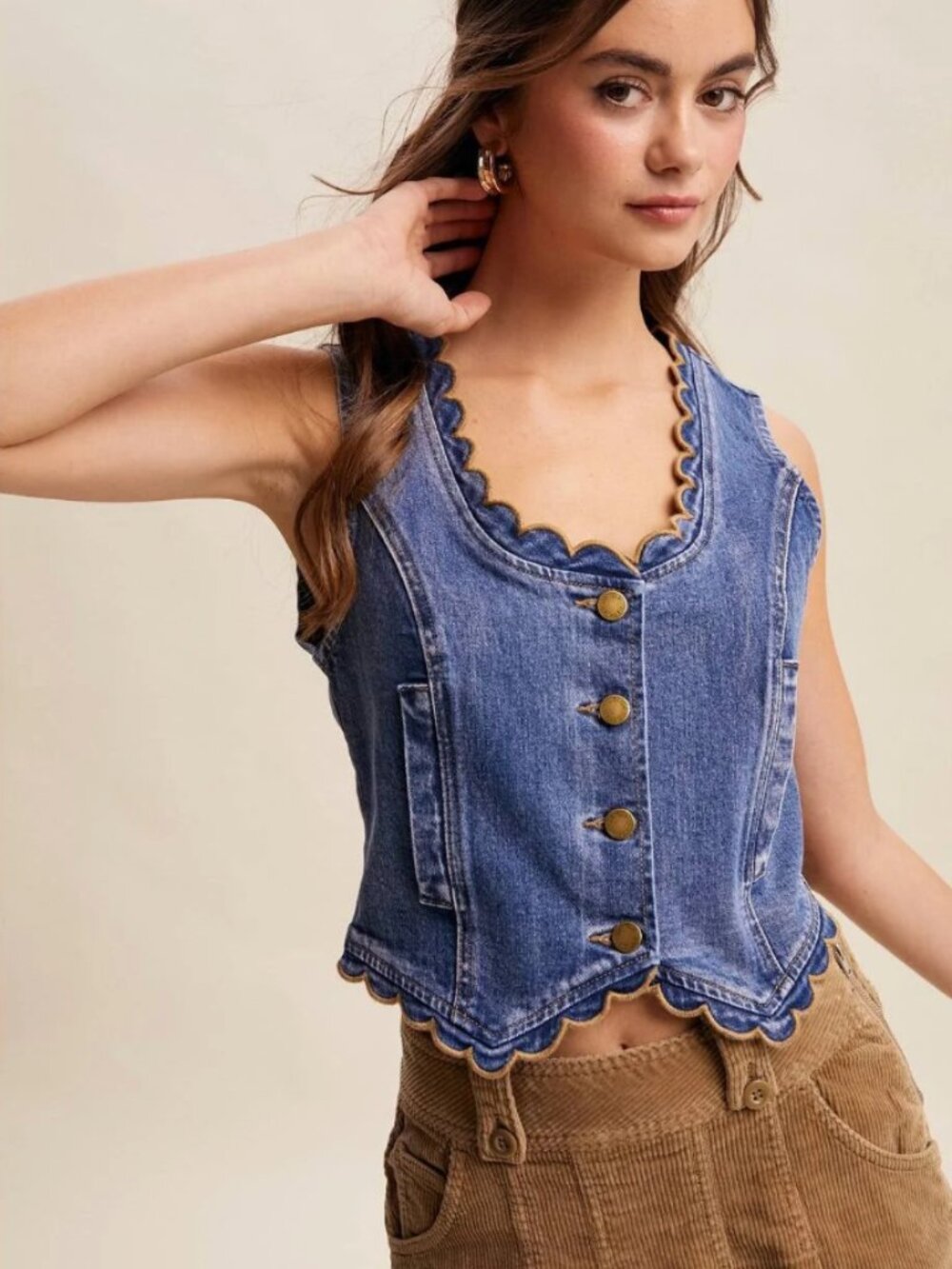 Scallop Trim Stretch Denim Vest